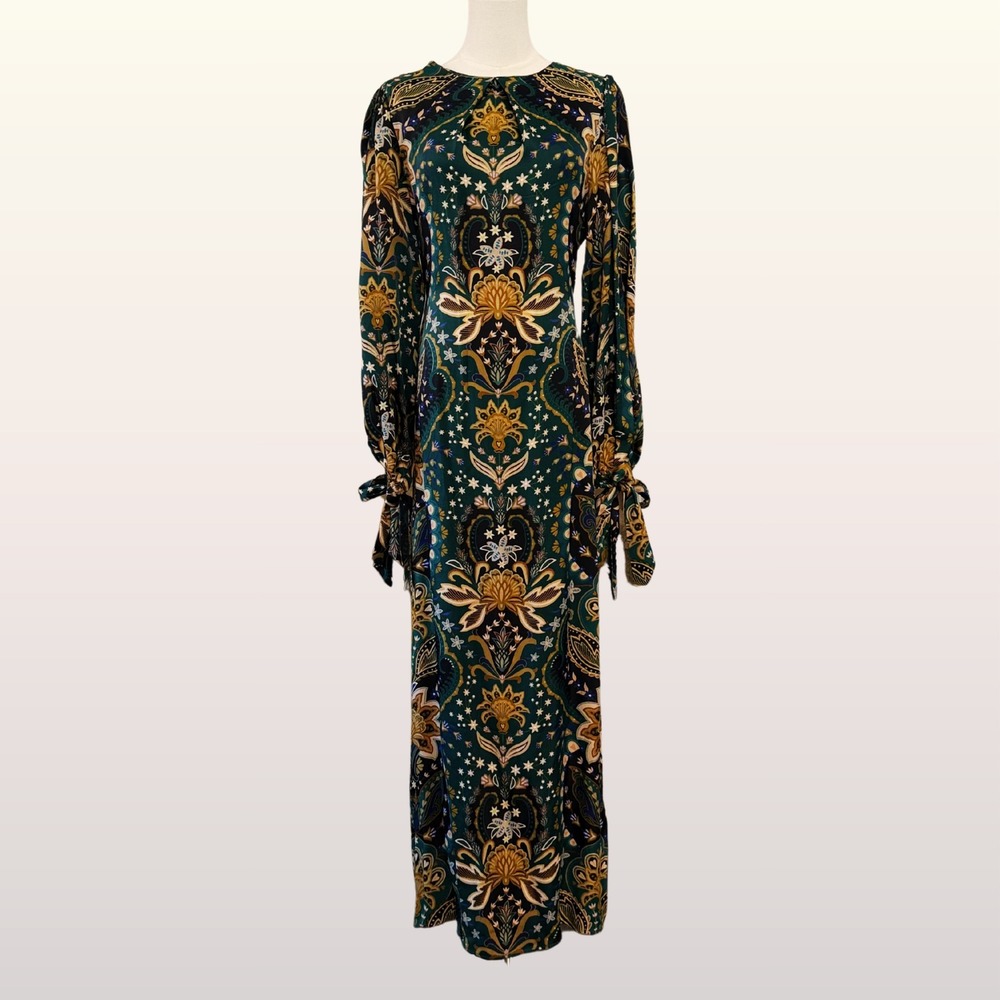 NWT Farm Rio Jaipur Black Maxi Dress Medium Green Paisley Open Back Long Sleeve - Picture 2 of 13